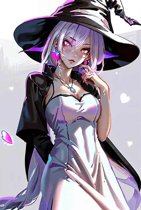 (best quality), ultra res, highly detailed, turned at viewer, anime style, (face shoot), medium length hair, white hair with lilac at the ends, black dress, goth dress, (looking at viewer), pink heart necklace, straight hair, brown eyes, black clothes, wit...