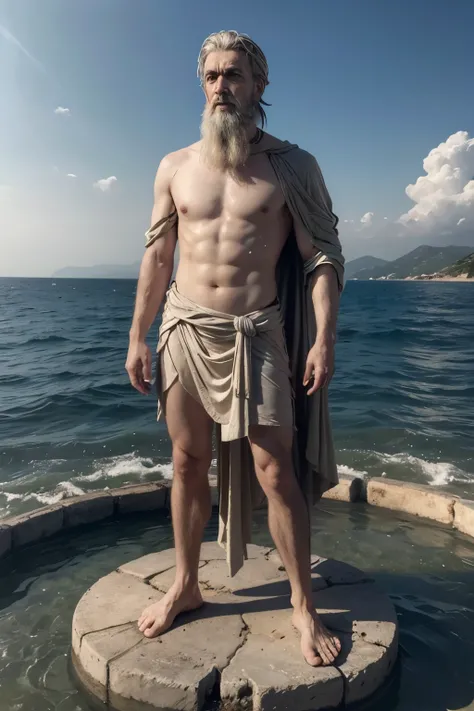 "A detailed, classical depiction of Zeno of Citium, the founder of stoicism, standing on the ruins of an ancient Greek shipwreck. His expression is calm and composed, symbolizing the stoic acceptance of fate. No fundo, the sea is calm after a storm, illust...