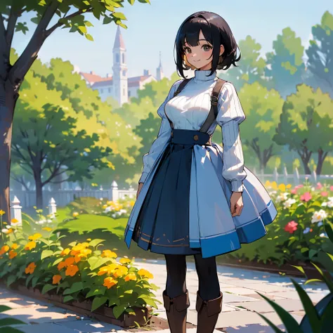 (high quality, High resolution, Very detailed, reality:1.37), Peaceful atmosphere, (Outdoor, garden), Teenage girl standing alone, (my breasts are big.), Beautiful details, Cute Smile, (Black bob hair), Ribbed sweater, Blue Skirt, Black tights, Brown boots...