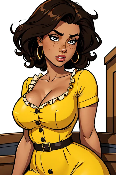 Thin woman, age 25, 4K (High definition), thoughtful, seducing gaze, eyes browns, wearing a long yellow dress with a boat neckline (with buttons) and short sleeves (with white frills), arms positioned at the side of the body, brown skin, curly black hair t...