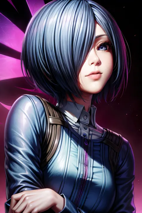 Touka Kirishima, Tokyo Ghoul, blue-violet eyes, blue-violet hair, beautiful and calm facial features, short hair covering the left side of her face,