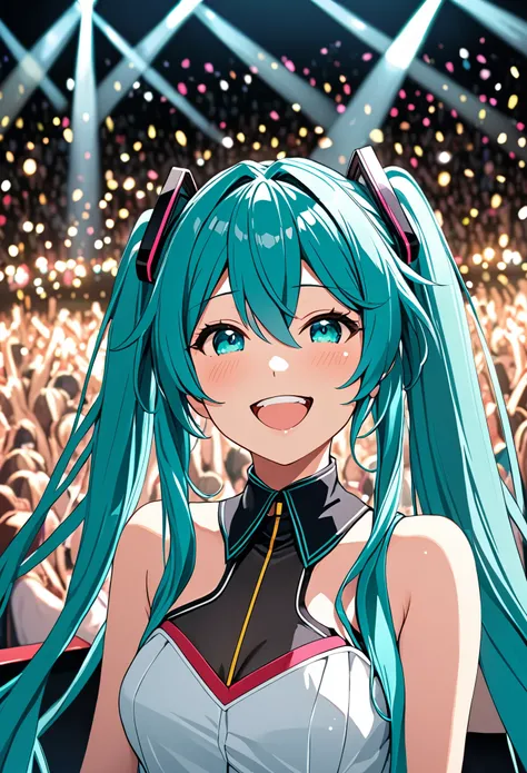 ((masterpiece, Best Quality, extremely detailed)), 1 girl, Alone, Hatsune Miku at a concert with a big smile of happiness