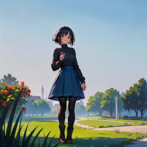 (high quality, High resolution, Very detailed, reality:1.37), Peaceful atmosphere, (Outdoor, garden), Teenage girl standing alone, (my breasts are big.), Beautiful details, Cute Smile, (Black bob hair), Ribbed sweater, Blue Skirt, Black tights, Brown boots...