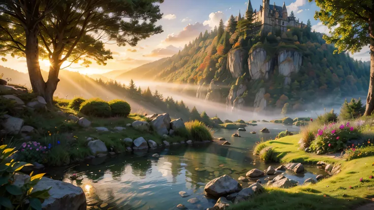 fairytale view with fantasy fairy garden in a wide steep valley with huge dramatic mountains in the distance,autumn, very deep clear water natural pond, rocks plants flowers shrubs trees moss lawns grass animals,sunrise and strong sunbeams,very hazy,extrem...