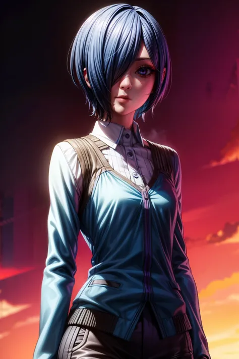 Touka Kirishima, Tokyo Ghoul, blue-violet eyes, blue-violet hair, beautiful and calm facial features, short hair covering the left side of her face,