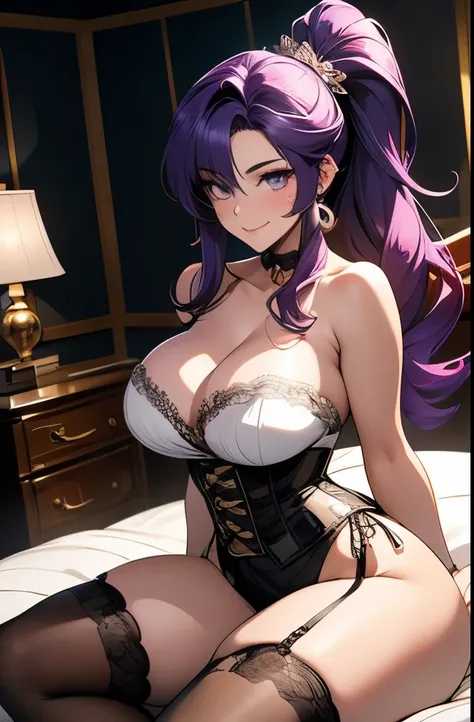 Anime, a glamour shot of a smiling Akeno Himejima (extremely long Purple hair in a high ponytail), enormous breasts, big ass, Sitting demurely with her legs crossed on her bed, leaning toward the viewer, cowgirl, with Smokey eyes and knowing smile wearing ...