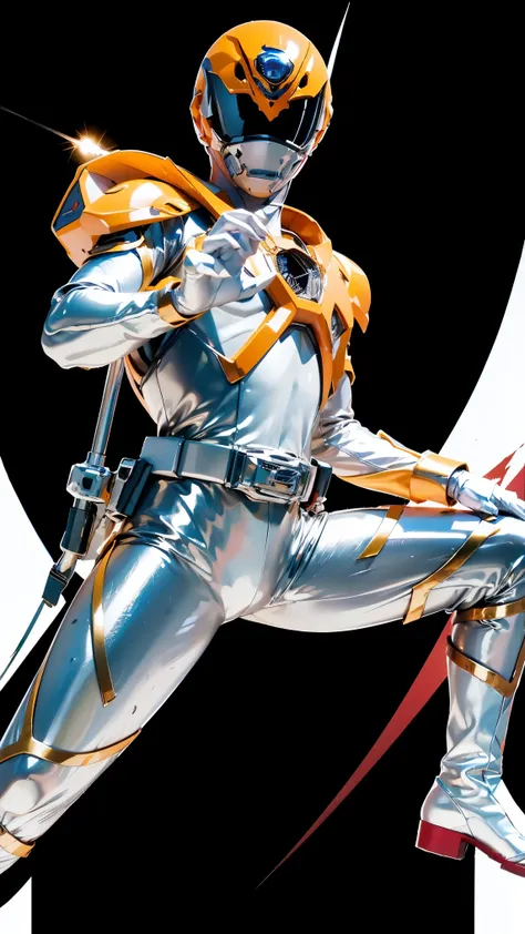 1boy, full body, Illustration, cinematic light, high resolution, best quality, ultra detailed, masterpiece, power suit, powerranger, suit, spd, (Silver and Gold chestplate), gold detail, (((white suit))), dynamic pose, Police pose, 