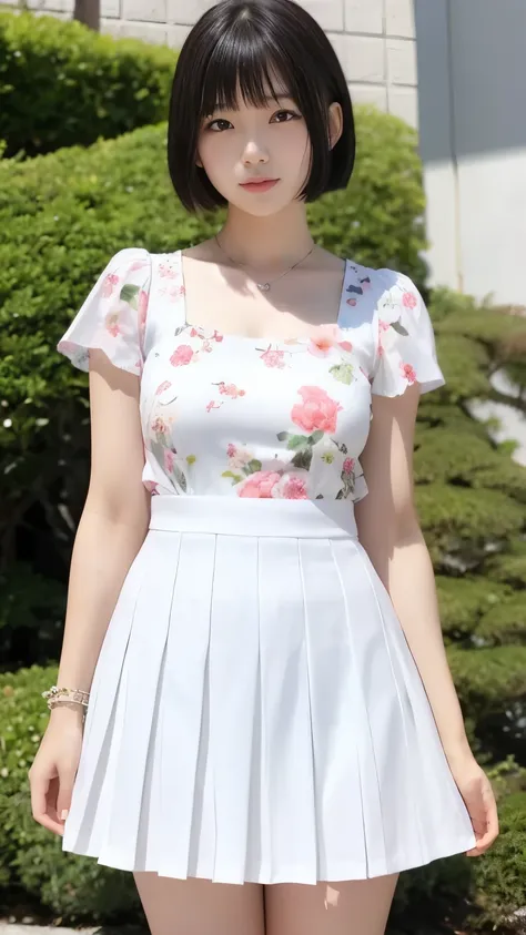 Young Japanese women、short hair、High resolution、最High resolution、Wearing a short-sleeved dress、Short skirt length、Pleated dress skirt、No manicure、Sexy pose、Small breasts、White lace tops、White flared skirt with floral print、No nail polish applied