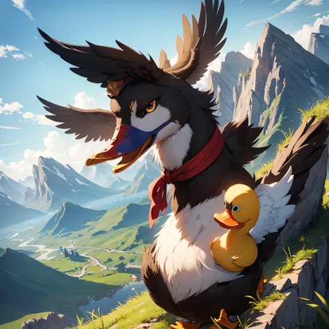 heroic duck on a mountain with auronplay, masterpiece