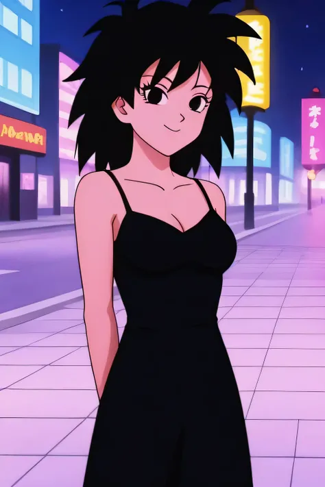 source_anime, score_9,score_8_up, score_7_up, ginedb, anime screencap, 1girl, solo, looking at viewer, smile, medium breasts, black hair, city, bare shoulders, medium breasts, smile, standing, cowboy shot, medium hair, black eyes, spiked hair, eyelashes, m...