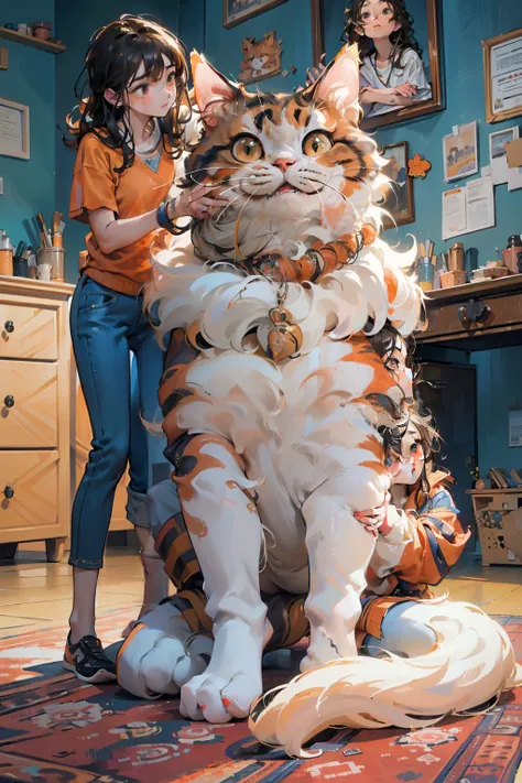 (((best quality))),(((extremely detailed))),(((masterpiece))),illustration,fear, up in the air,a giant orange cat, small cities,...