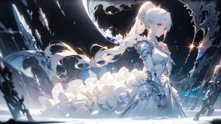 ((masterpiece, best quality)), Epic battlefield atmosphere，Delicate face，knight，Pure White Bride Armor，Halo，whole body，Standing picture，Perfect body proportions，Double ponytail hairstyle，Beautiful silver eyes，Fantasy style，White background，transparent，Lace