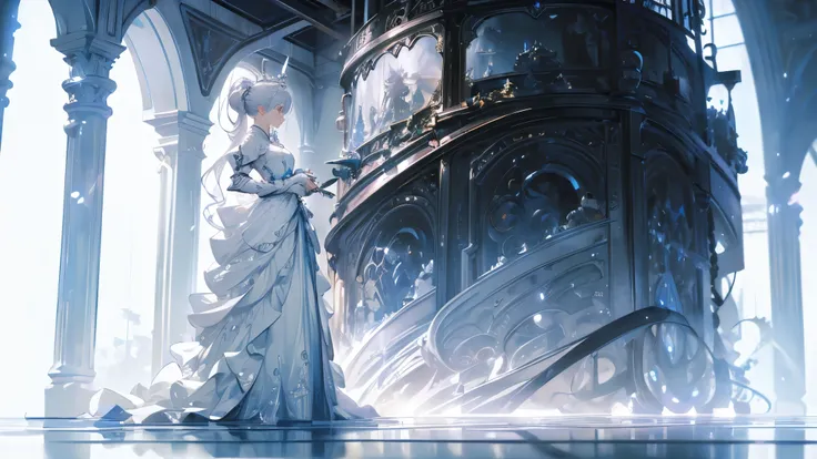 ((masterpiece, best quality)), Epic battlefield atmosphere，Delicate face，knight，Pure White Bride Armor，Halo，whole body，Standing picture，Perfect body proportions，Double ponytail hairstyle，Beautiful silver eyes，Fantasy style，White background，transparent，Lace