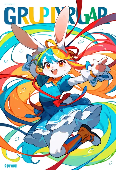 rating_safe, score_9, score_8_up, score_7_up, score_6_up, score_5_up, score_4_up, hires, source_furry,  spring outfit, colorful hair, outdoor, magazine cover, dancing, furry girl(rabbit Facial Features, rabbit Body Features)jumping, flowing colorful ribbon...