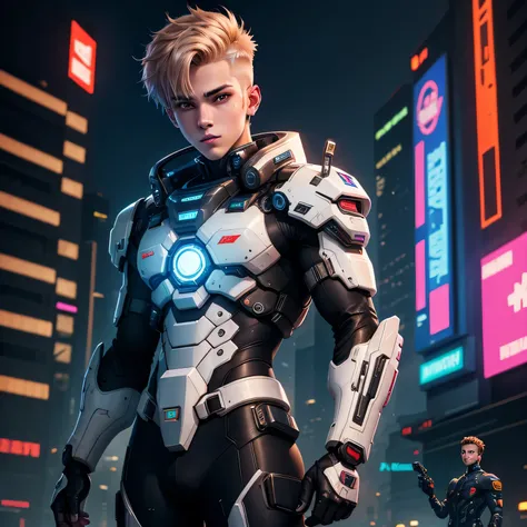 Cyberpunk boy，Short and clean hair，Caucasian，Cheerful，Wearing a mecha suit，handsome guy，