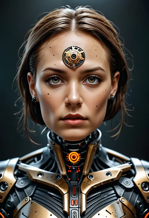 a futuristic cyborg's face fills the frame, split by a metallic-organic dichotomy. metallic half: gears whirring, wires snaking,...