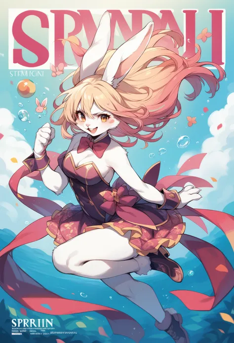 rating_safe, score_9, score_8_up, score_7_up, score_6_up, score_5_up, score_4_up, hires, source_furry,  spring outfit, colorful hair, outdoor, magazine cover, dancing, furry girl(rabbit Facial Features, rabbit Body Features)jumping, flowing colorful ribbon...