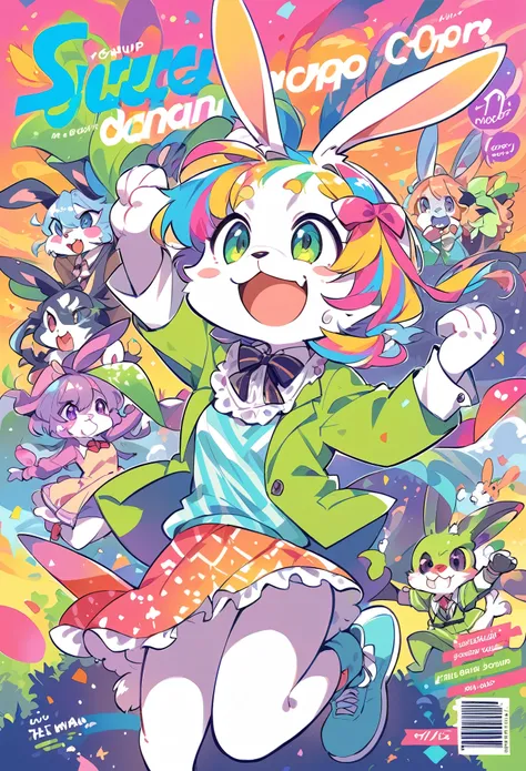 rating_safe, score_9, score_8_up, score_7_up, score_6_up, score_5_up, score_4_up, hires, source_furry,  spring outfit, colorful hair, outdoor, magazine cover, dancing, furry girl(rabbit Facial Features, rabbit Body Features)jumping, flowing colorful ribbon...