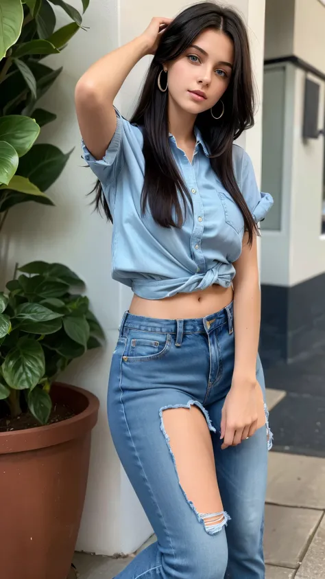 Beautiful 18 year old brunette girl with fair skin, blue eyes, long straight black hair, wearing earrings, wearing a shirt and high waisted jeans with thick legs showing her belly button with her hands on her head
