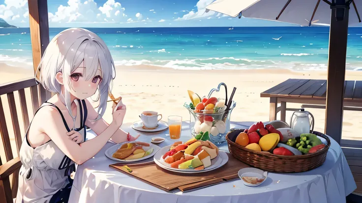 Breakfast by the sea、fruits、beach、White Hair、beautiful girl