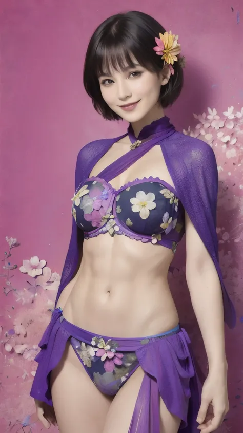 274 (20-year-old woman,short hair), (beautiful:1.2), (Fractal Art:1.1), (flower:1.3), whole body, (Abstract background:1.3), (Many colors:1.4), (Old-fashioned smile), (Abdominal muscles), (Wave:1.1)