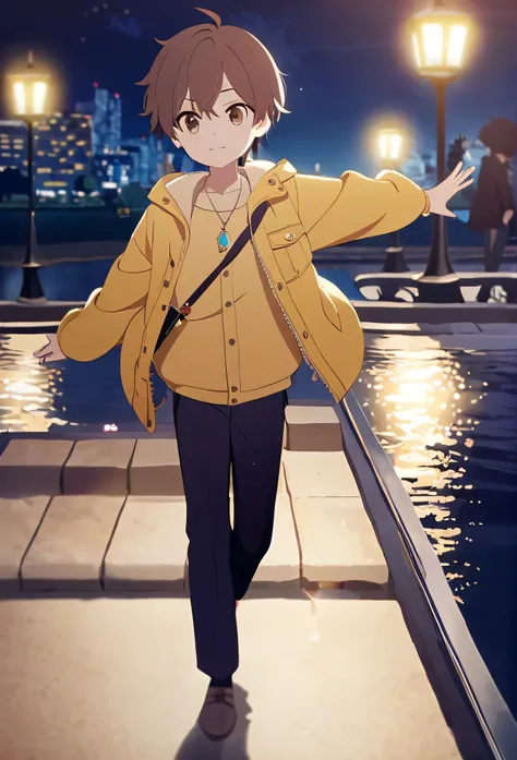 1boy, solo, litle, brown hair, brown eyes, yellow jacket, black Pants, hourglass pendant, open hands, arrogant look, night, walking along the river, promenade 