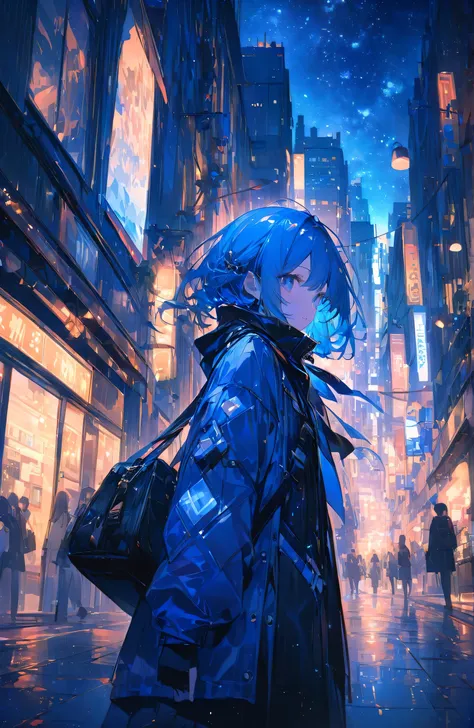 ((Amazingly absurd)),超High resolution, Attention to detail, high quality, High resolution, 最high quality, 4K, 8k、City、In town、night、sparkling、whole, Artwork in Deep Blue Tones