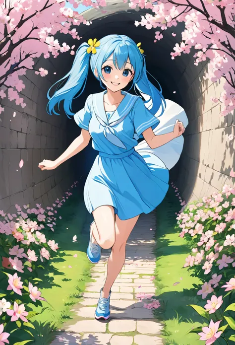 Light blue long hair、Beautiful girl with twin tails、Running with a smile through a tunnel decorated with flowers、The girl is surrounded by cherry blossoms、Brightly colored flowers々、Flowers all around the ground