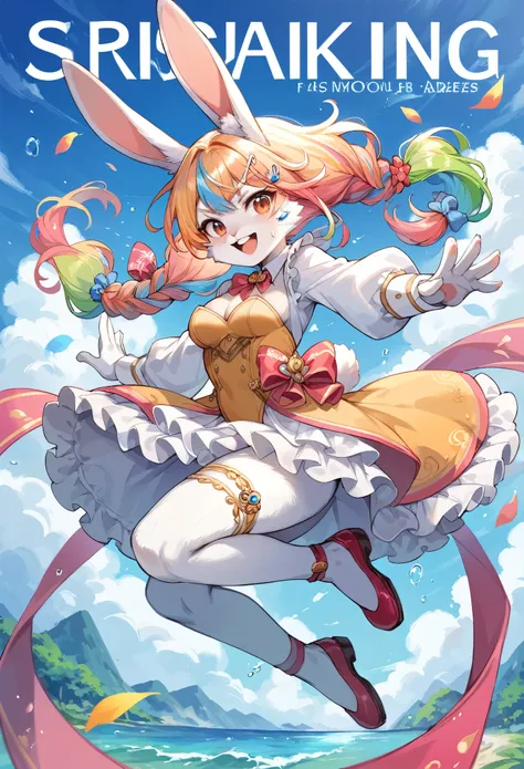 rating_safe, score_9, score_8_up, score_7_up, score_6_up, score_5_up, score_4_up, hires, source_furry,  spring outfit, colorful hair, outdoor, magazine cover, dancing, furry girl(rabbit Facial Features, rabbit Body Features)jumping, flowing colorful ribbon...