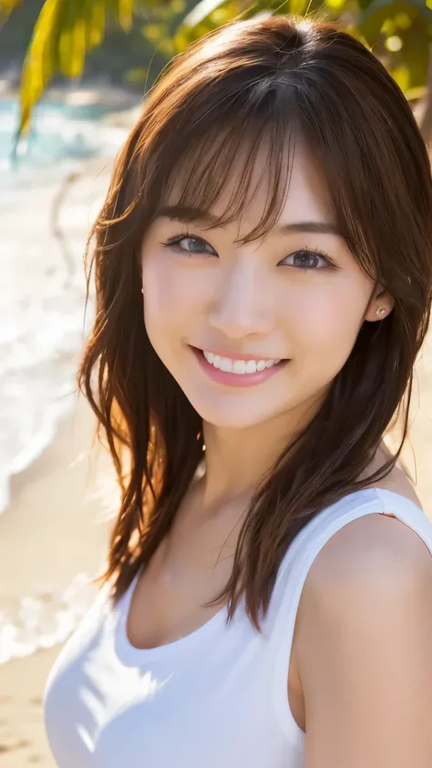 （Vibrant， High resolution：1.3）， 1. Get the perfect body，height１７０CM,Slender body、Large breasts High definition face and eyes，Long Hair，，Beach、(( smile )) Wet、White cropped t-shirt 、String,,,Brown Skin、Have sunburn marks、I&#39;I&#39;m sweating a lot、、Full B...