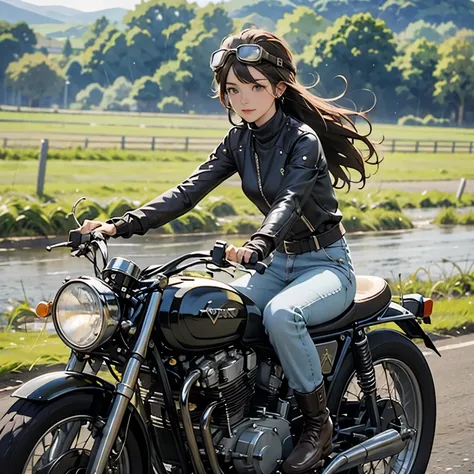 vintage bikes、victory、isle of man races、(a young female rider speeds along on a motorcycle)、leather jumper、cromwell helmet with ...