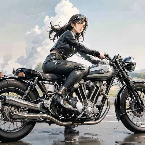 Vintage Bikes、Bluff Superior SS100、Isle of Man Races、(A young female rider speeds along on a motorcycle)、Leather jumper、Cromwell helmet with goggles、After the Rain、English countryside、(Highest quality, masterpiece, High resolution)、8k、wallpaper