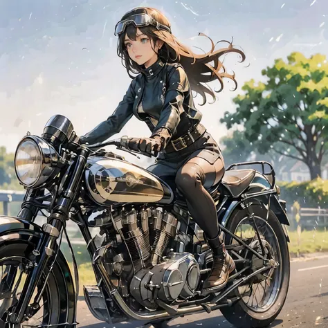 Vintage Bikes、Bluff Superior SS100、Isle of Man Races、(A young female rider speeds along on a motorcycle)、Leather jumper、Cromwell helmet with goggles、After the Rain、English countryside、(Highest quality, masterpiece, High resolution)、8k、wallpaper