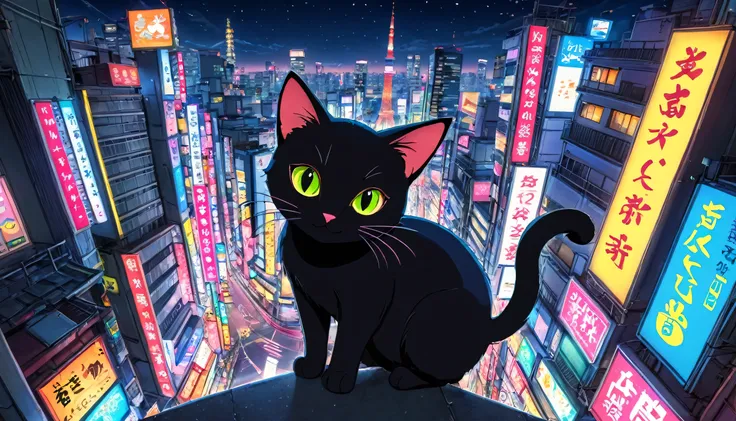 (((wide angle shot))), Cartoon Collage, little black cat on sholder, Smile, tokyo city night background, neon light, detailed background, Anime Style, ((no human))