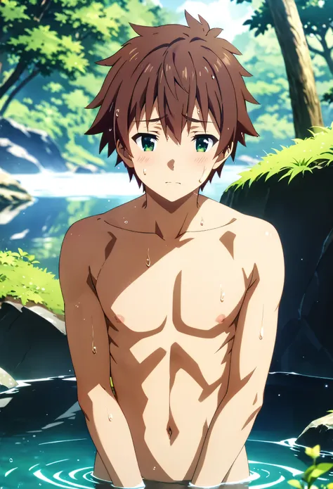 kazuma satou, short hair, brown hair, green eyes, high quality, score_9, score_8_up, score_7_up, amazing quality, best aesthetic, intricate details, masterpiece, best quality, 1male, solo, male_focus, feeling shy, fully naked, frontal, inside a lake in a f...