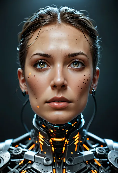 a futuristic cyborg's face fills the frame, split by a metallic-organic dichotomy. metallic half: gears whirring, wires snaking,...