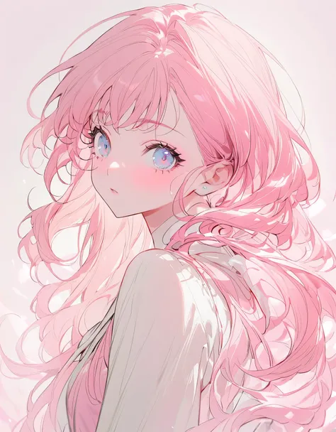 (tmasterpiece，best qualtiy，solo，long whitr hair，looking at you，By bangs，minimalistic background，longer sleeves，white dresses，Cover the hair of the eyes，Light blue ，Mono Color，The upper part of the body，pastel pink dress，baby pink hair，frilld，puffy sleeves，...