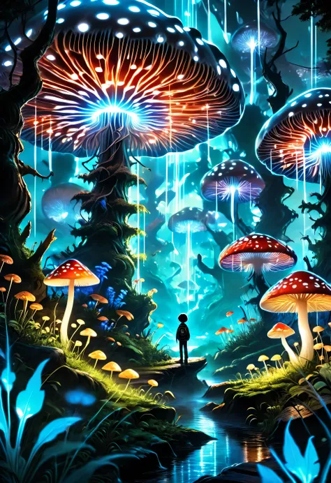 1boy, landscape view, abstract landscape, shining mushroom, shining flower, anime graphics, forest, intricate, detailed, masterp...