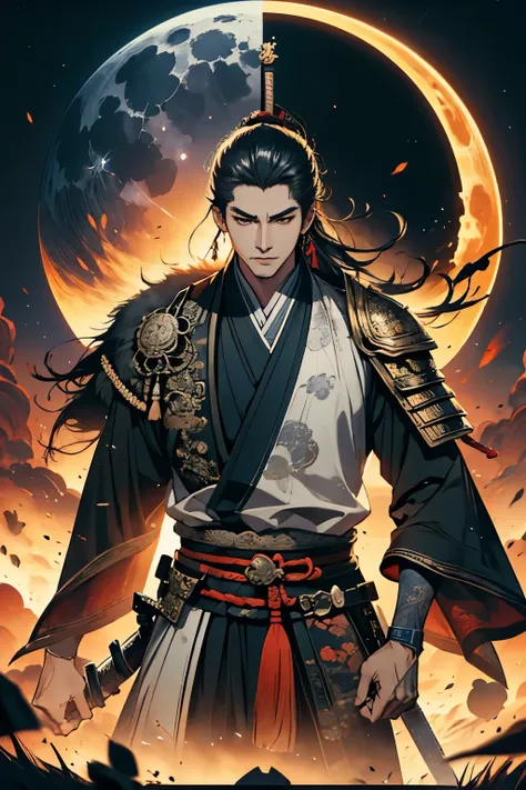 A guy with sword and wolf in front of full moon, samurai, concept art by Yang J, fantasy art, alena aenami and artgerm, artgerm and atey ghailan, by ruan jia and stanley artgerm, artgerm and ruan jia, ross tran 8 k, ross tran and wlop, Cosmology, detail, a...