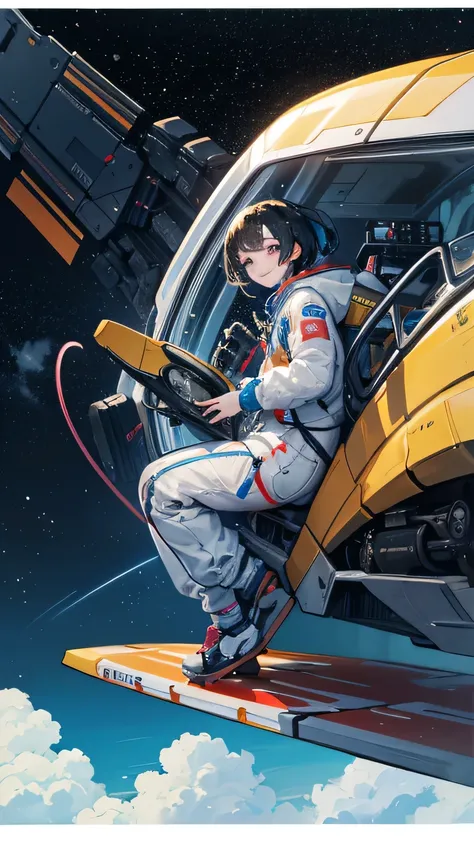 (((masterpiece))), (((Highest quality))), ((Very detailed)), (Highly detailed CG illustrations), ((Very delicate and beautiful)),(From the side),Cinematic Light,A girl climbs into the cockpit、Black Hair、long、Boarding a small spaceship，In the cockpit，Starry...