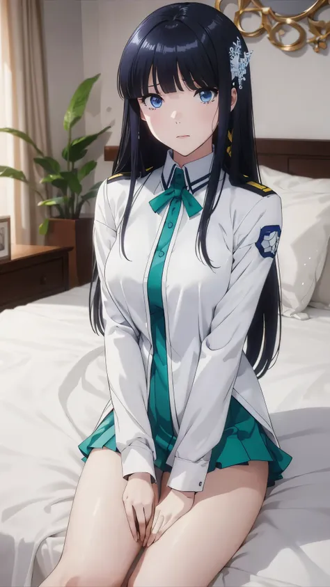 1 personの, alone, masterpiece, Highest quality, The Irregular at Magic High School, Miyuki Shiba, Shiba Miyuki, iris, blue eyes, tsurime, eyelash, Black Hair, Long Hair, Hime cut, Straight hair, Blunt bangs, blunt end, Side Lock, hair ornaments, snowflake ...