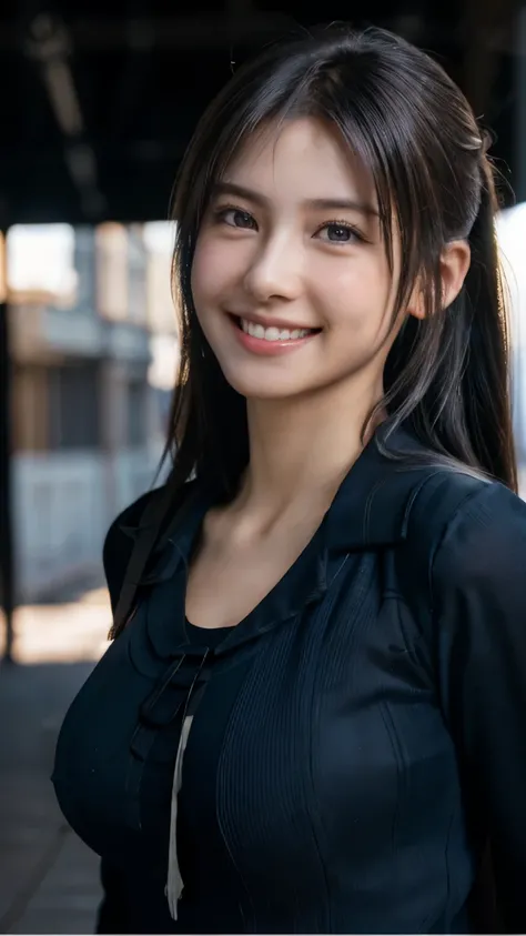 (Highest quality,masterpiece:1.3,Ultra-high resolution),(Very detailed,Caustics,8k),(Realistic:1.4,RAW shooting),1 person,(Smiling and looking down at the camera),(Front shot:1.1),(Look forward),18-year-old,cute,Japanese,Black short ponytail,school uniform...