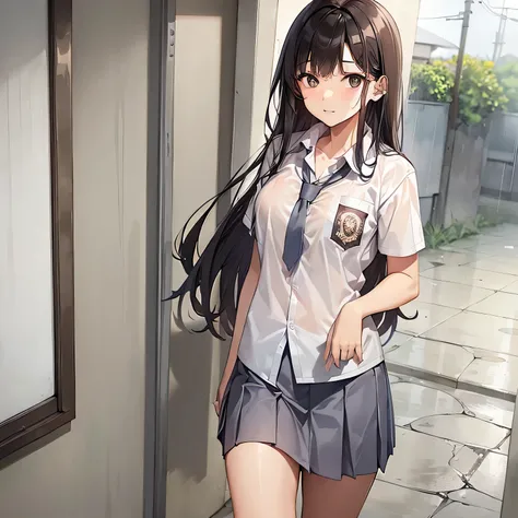 female high school student, long straight brown hair, wearing a white shirt with the student council logo on the pocket, a slightly short gray pleated skirt, walking towards the viewer in heavy rain, soaking wet, entry gate school, full body shoot