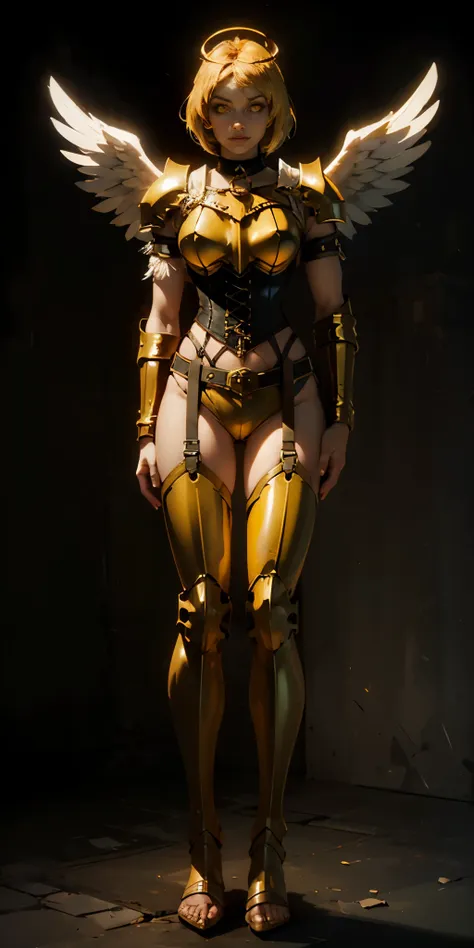 (black background) paladin lady in ornate golden armor, black collar, pauldrons, breastplate, leather corset, glowing halo, shor...