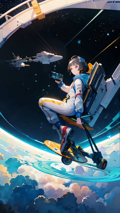 (((masterpiece))), (((Highest quality))), ((Very detailed)), (Highly detailed CG illustrations), ((Very delicate and beautiful)),(From the side),Cinematic Light,A girl climbs into the cockpit、Black Hair、long、Boarding a small spaceship，In the cockpit，Starry...