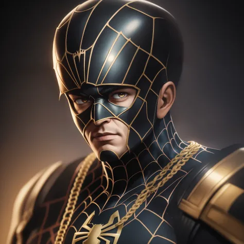 a dark portrait of Spider-Man in black uniform with gold details, octane render, 8k cinematic