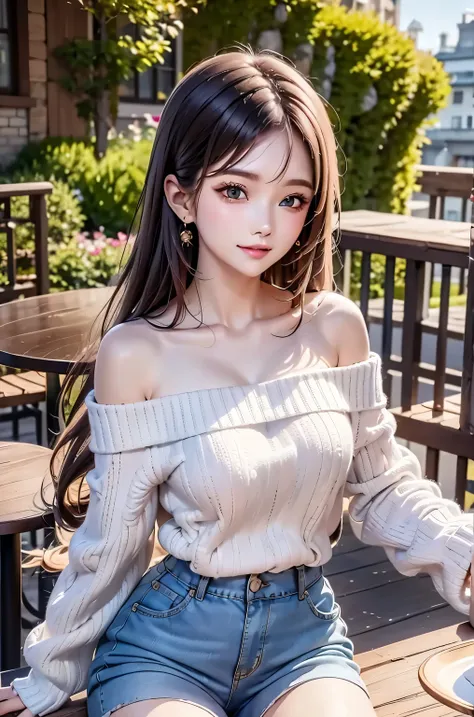Fantasy Background, Cafe RPG Style, Empty chair, table, Tea Glass Set, 1girl, off shoulder knit sweater, short pants, medium breasts