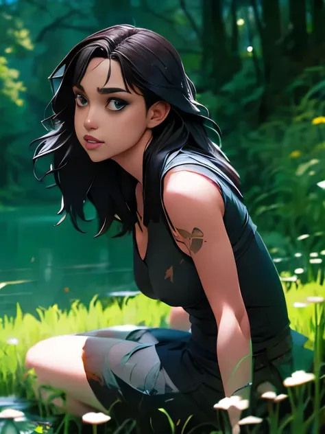 arafed woman sitting in the grass by a body of water, cyberpunk art by loish, tumblr, conceptual art, overgrowth. by makoto shinkai, with haunted eyes and dark hair, jeffrey jones, hauntingly beautiful art, eerie art style, ( ( ( horror art ) ) ), eerie an...