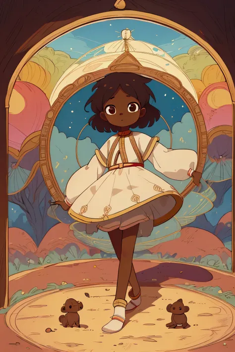 An eight-year-old African walks in a circle (frame by frame animation )   (masterpiece best quality:1.2) ultra-detailed delicate illustration, Illustrations, Ablaze, colorfully, 