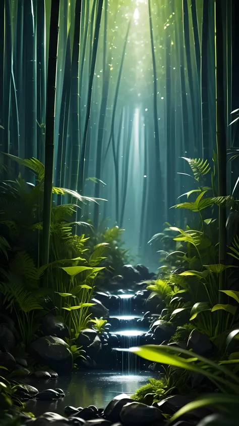 bamboo forest in the dark night, delicate and sharp, film production, soft interior lighting, many small fireflies flying, holog...